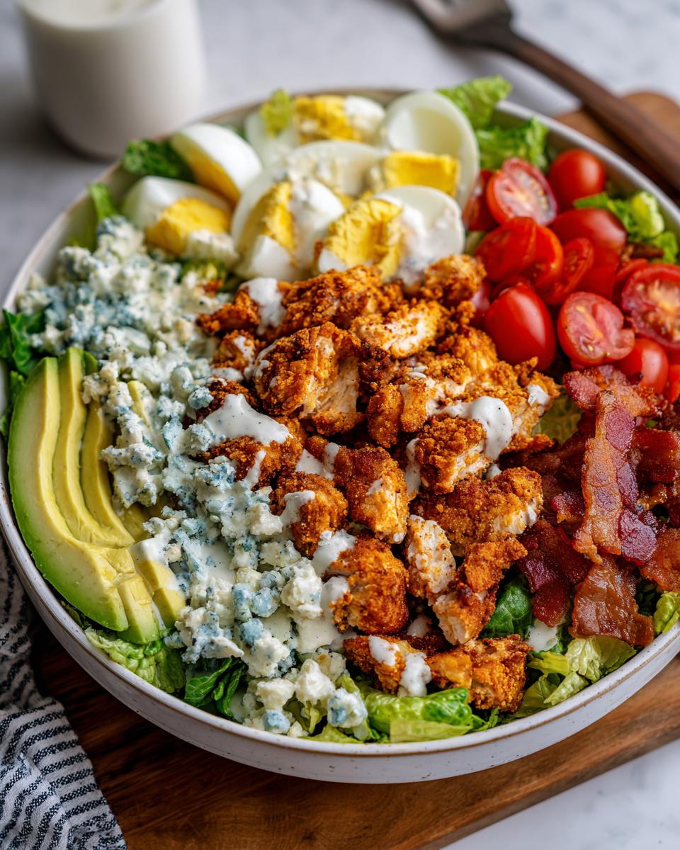 A generous bowl of Crispy Chicken Cobb Salad With Garlic Ranch Delight, featuring crispy chicken, avocado, blue cheese, bacon, eggs, and tomatoes.