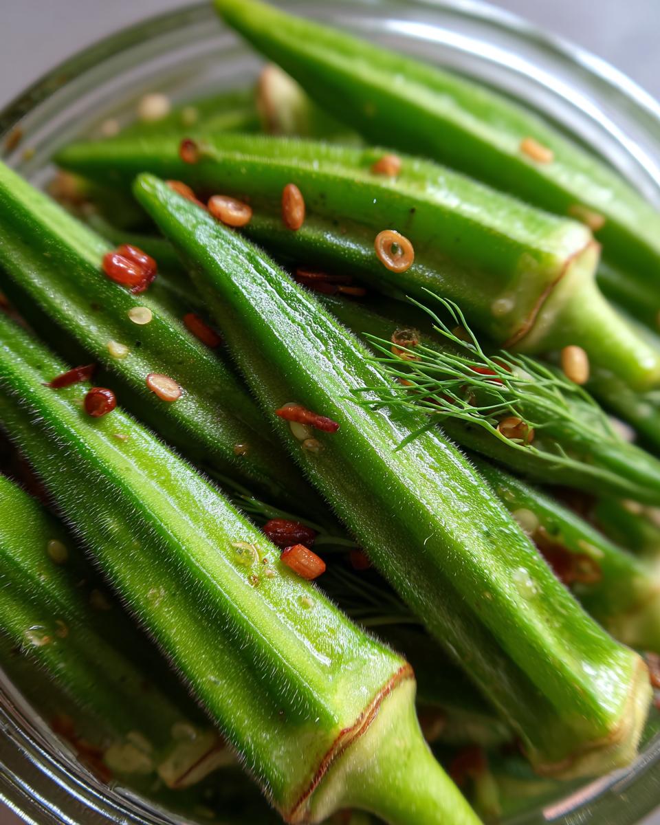 Close-up of fresh okra pods packed in a jar with dill and chili flakes for a crunchy pickled okra recipe.