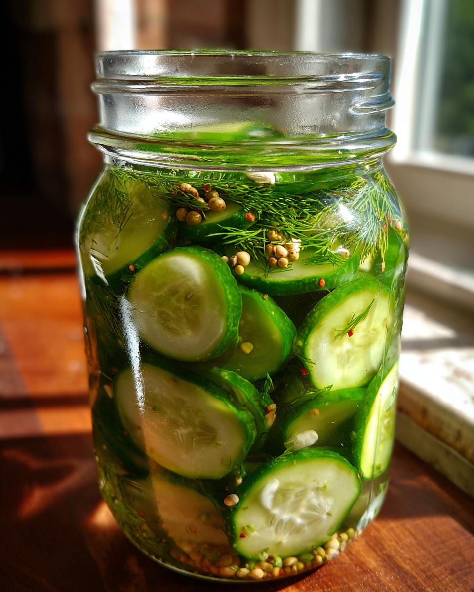 A close-up of a glass jar filled with sliced cucumbers, dill, and pickling spices for Crunchy Refrigerator Pickles.