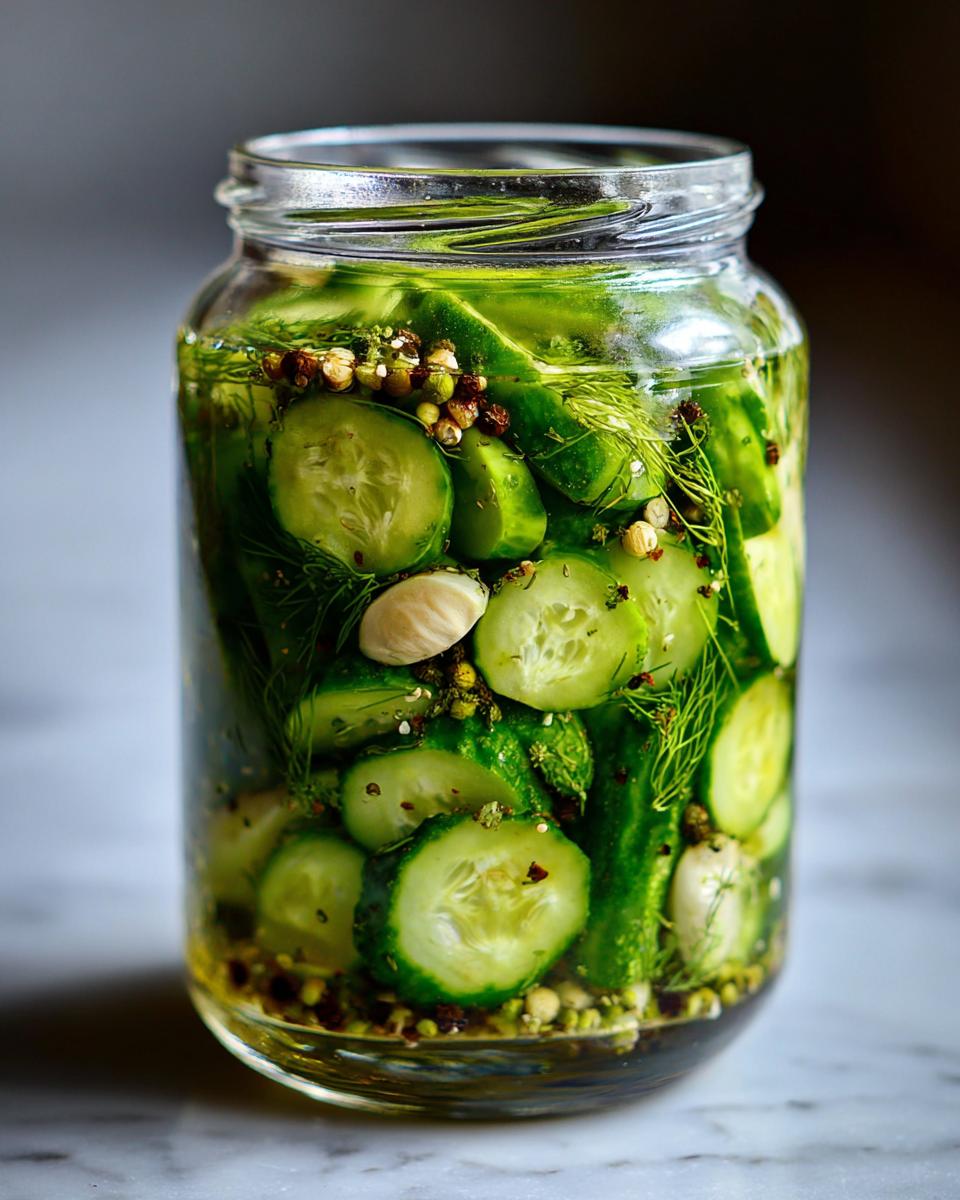 Close-up of a glass jar filled with sliced cucumbers, dill, garlic, and spices for Crunchy Refrigerator Pickles.