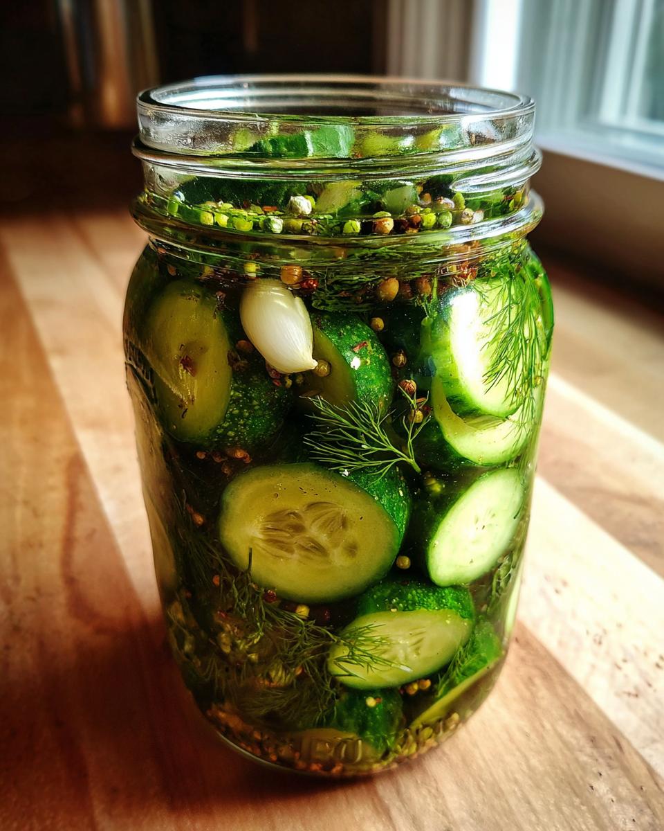 A close-up of a glass jar filled with homemade Crunchy Refrigerator Pickles, dill, garlic, and pickling spices.