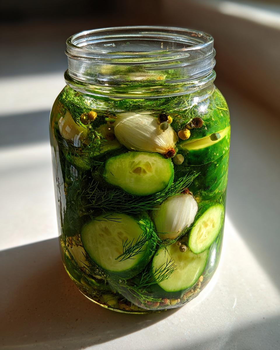 A glass jar filled with sliced cucumbers, garlic cloves, dill, and spices for Crunchy Refrigerator Pickles.