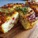 Een close-up van een heerlijke crustless tuna and tomato quiche, gesneden en gegarneerd met peterselie.