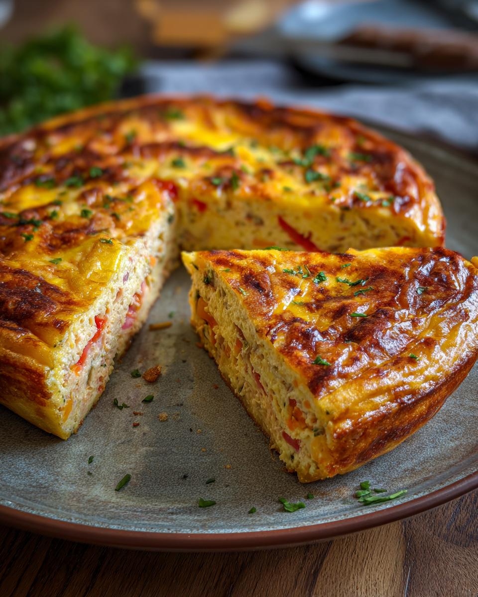 Een gesneden Crustless Tuna and Tomato Quiche op een bord, gegarneerd met peterselie.