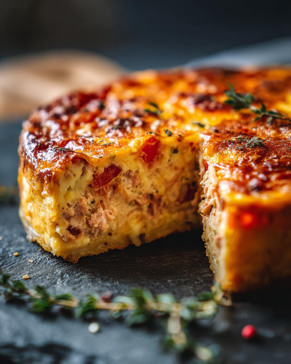 Close-up van een heerlijke Crustless Tuna and Tomato Quiche, met een stuk eruit gesneden.