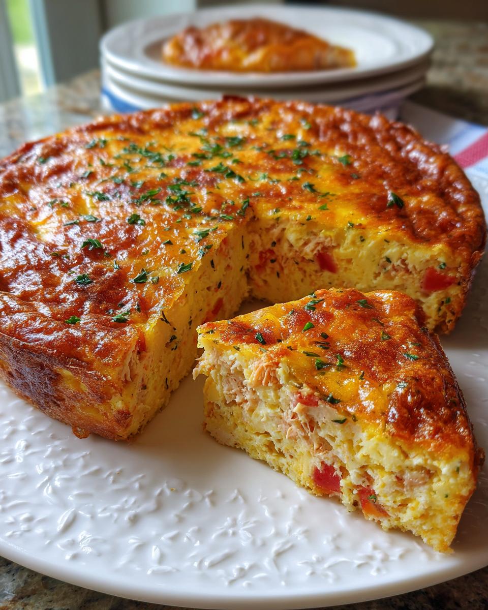 Een plak van de heerlijke Crustless Tuna and Tomato Quiche, met vis, tomaat en ei.