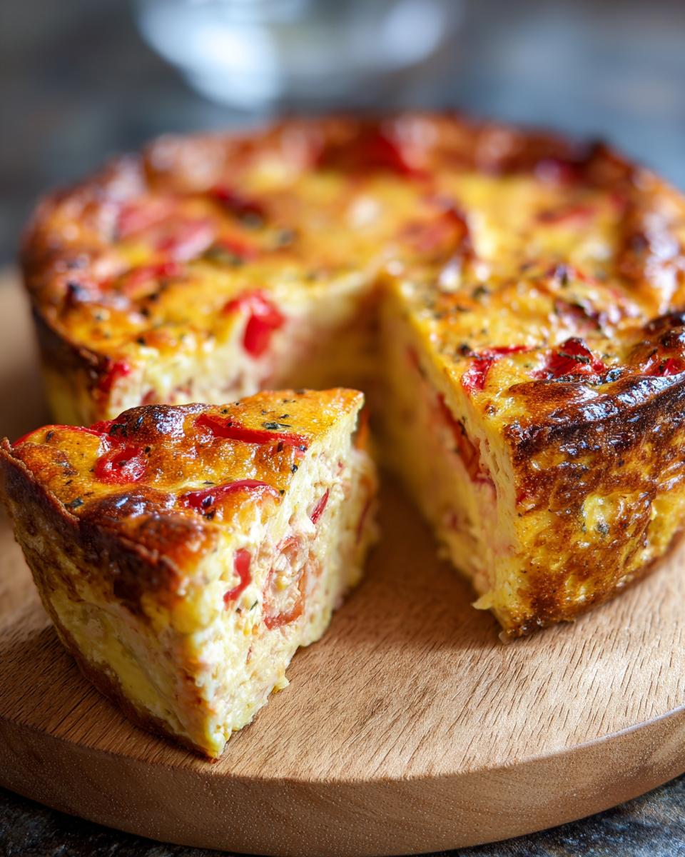 Een plak heerlijke Crustless Tuna and Tomato Quiche op een houten plank, met zichtbare stukjes tomaat en tonijn.