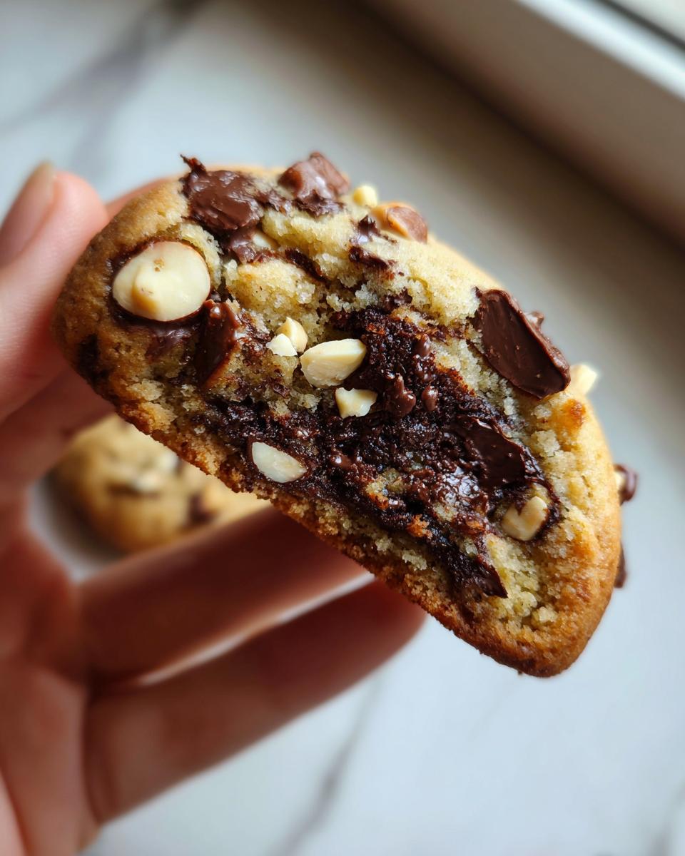 Close-up of a decadent hazelnut chocolate chip cookie, showing gooey chocolate chips and chopped hazelnuts.