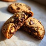 Close-up of a decadent hazelnut chocolate chip cookie, broken in half to reveal a gooey center and chunks of chocolate and nuts.