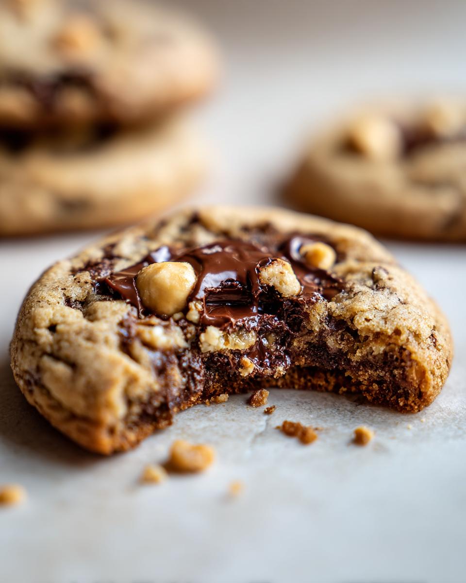 A close-up of a decadent hazelnut chocolate chip cookie with a bite taken out, showing melted chocolate and whole hazelnuts.