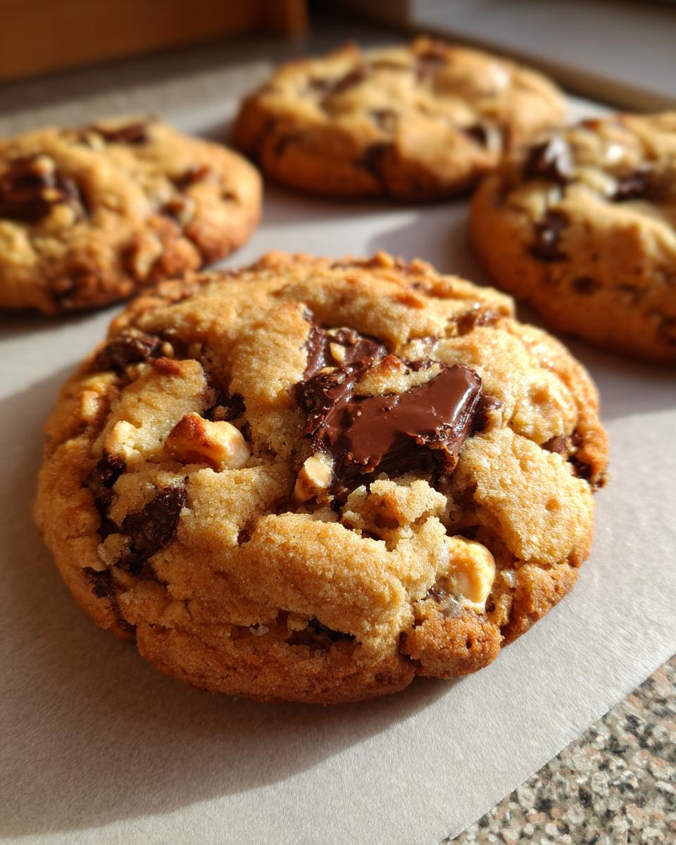 Close-up of a decadent hazelnut chocolate chip cookie, showcasing chunks of chocolate and nuts.