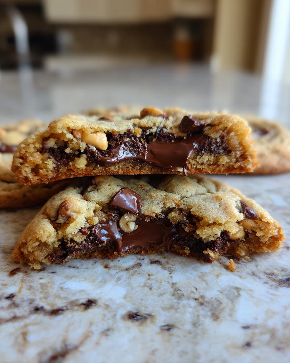 Close-up of two halves of a decadent hazelnut chocolate chip cookie, with melted chocolate oozing out.