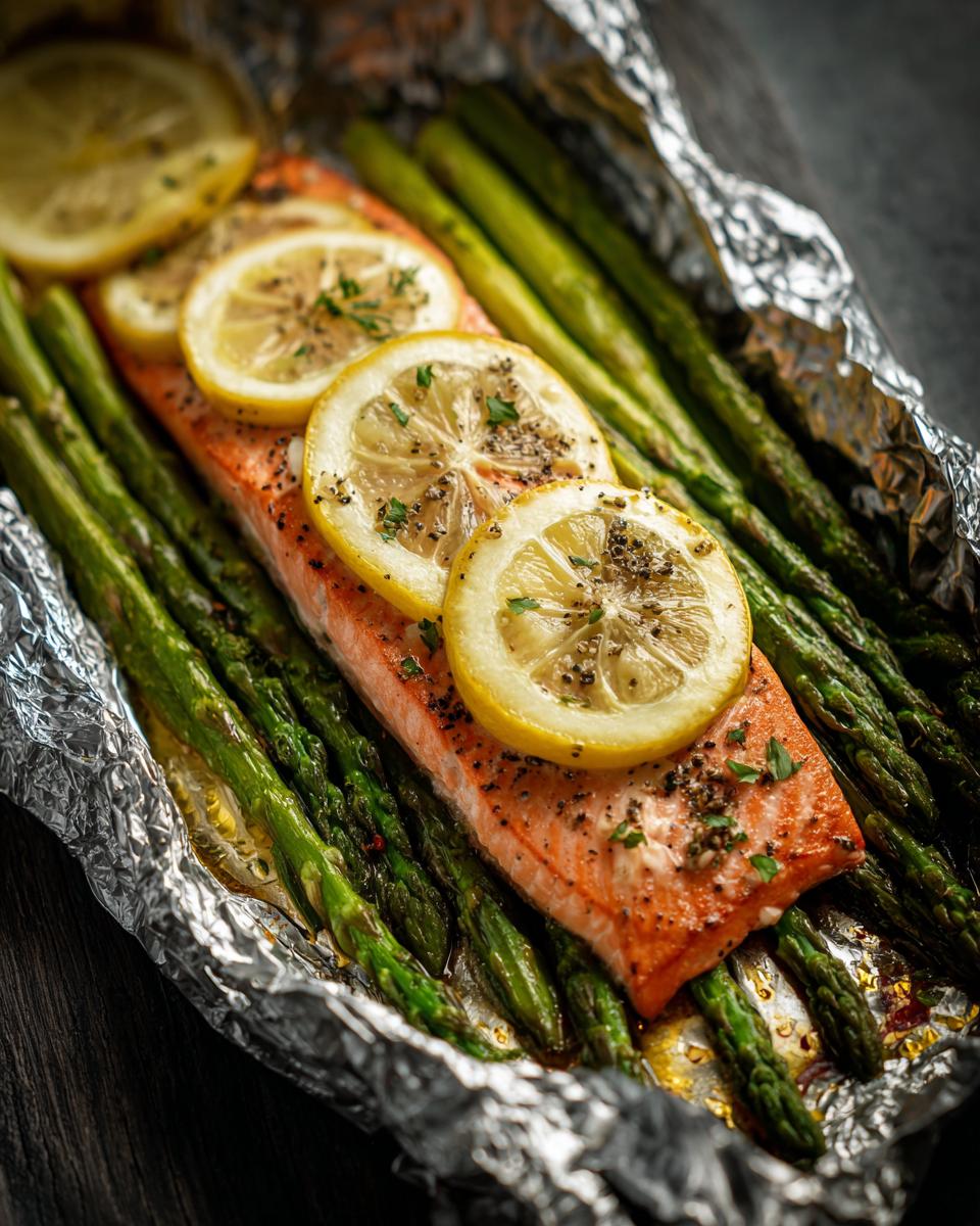 A close-up of delicious baked salmon in foil with asparagus and lemon slices, seasoned with herbs and pepper.