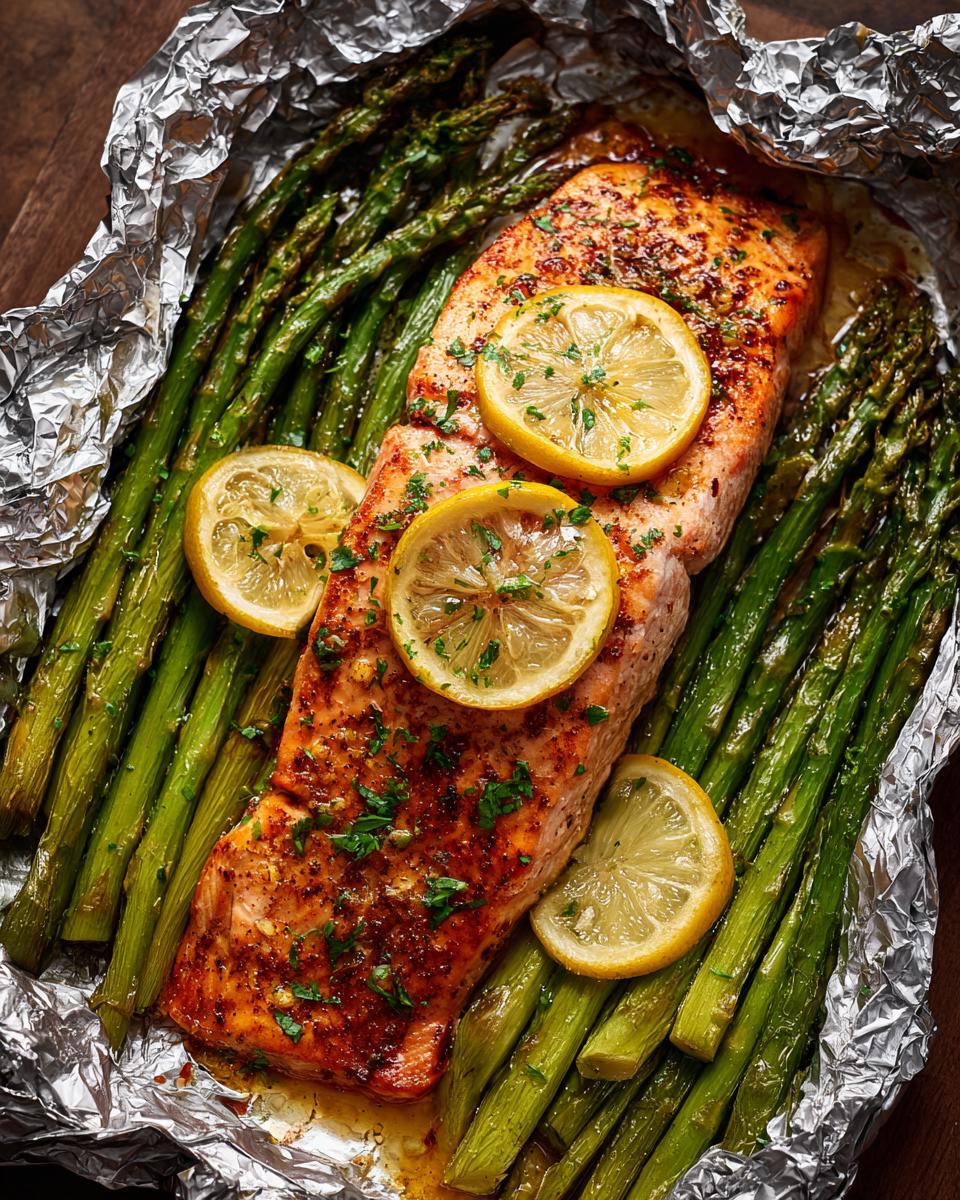 A close-up of delicious baked salmon in foil with asparagus and lemon slices, seasoned with herbs.