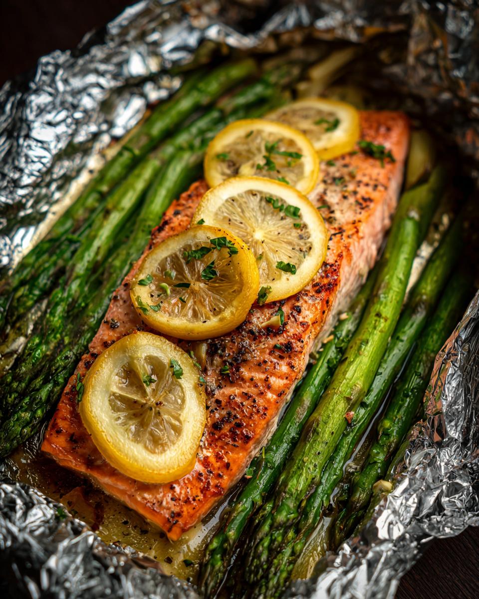 A fillet of delicious baked salmon in foil with asparagus and lemon slices, seasoned with herbs.