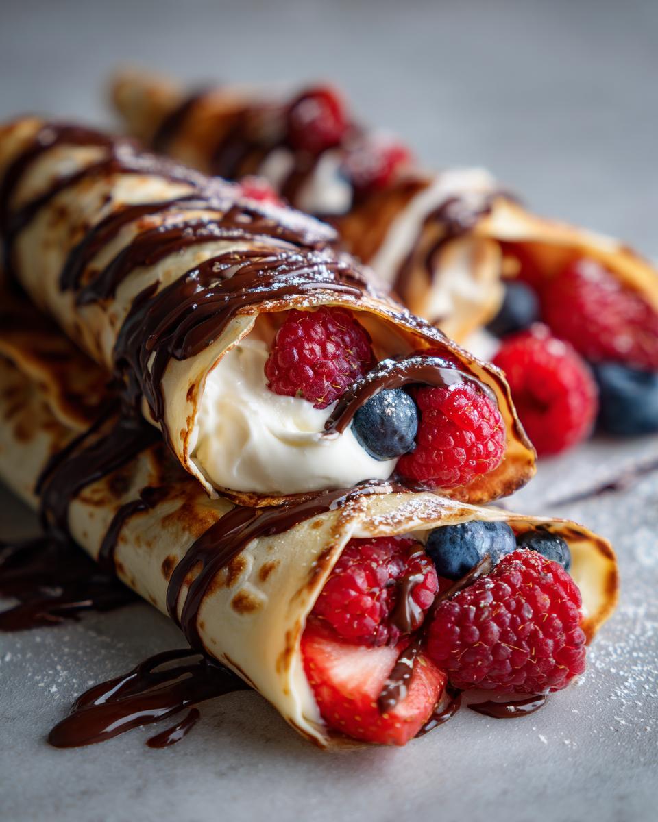 Close-up of Delicious Cheesecake Tacos filled with cream, raspberries, blueberries, and strawberries, drizzled with chocolate sauce.