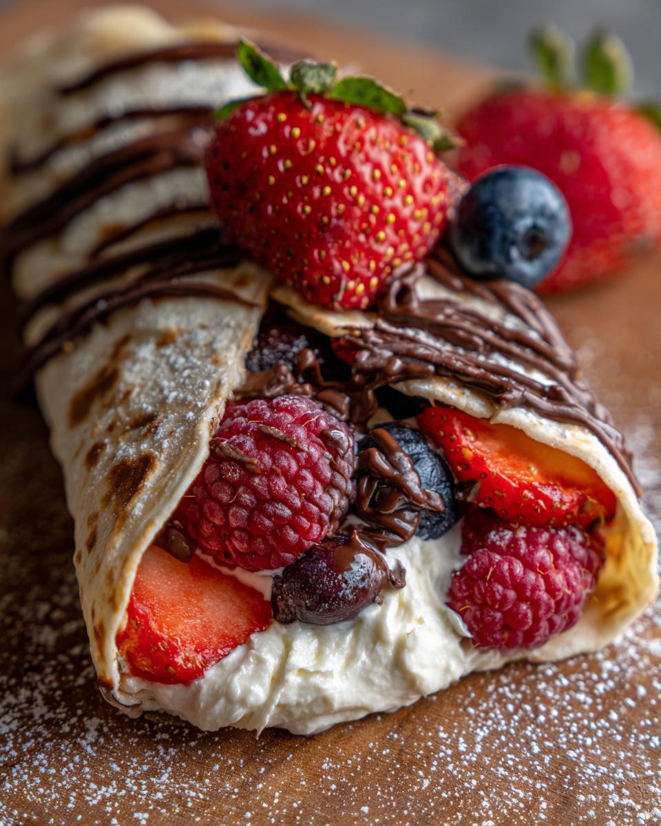 A delicious cheesecake taco filled with fresh berries, cream, and drizzled with chocolate sauce.