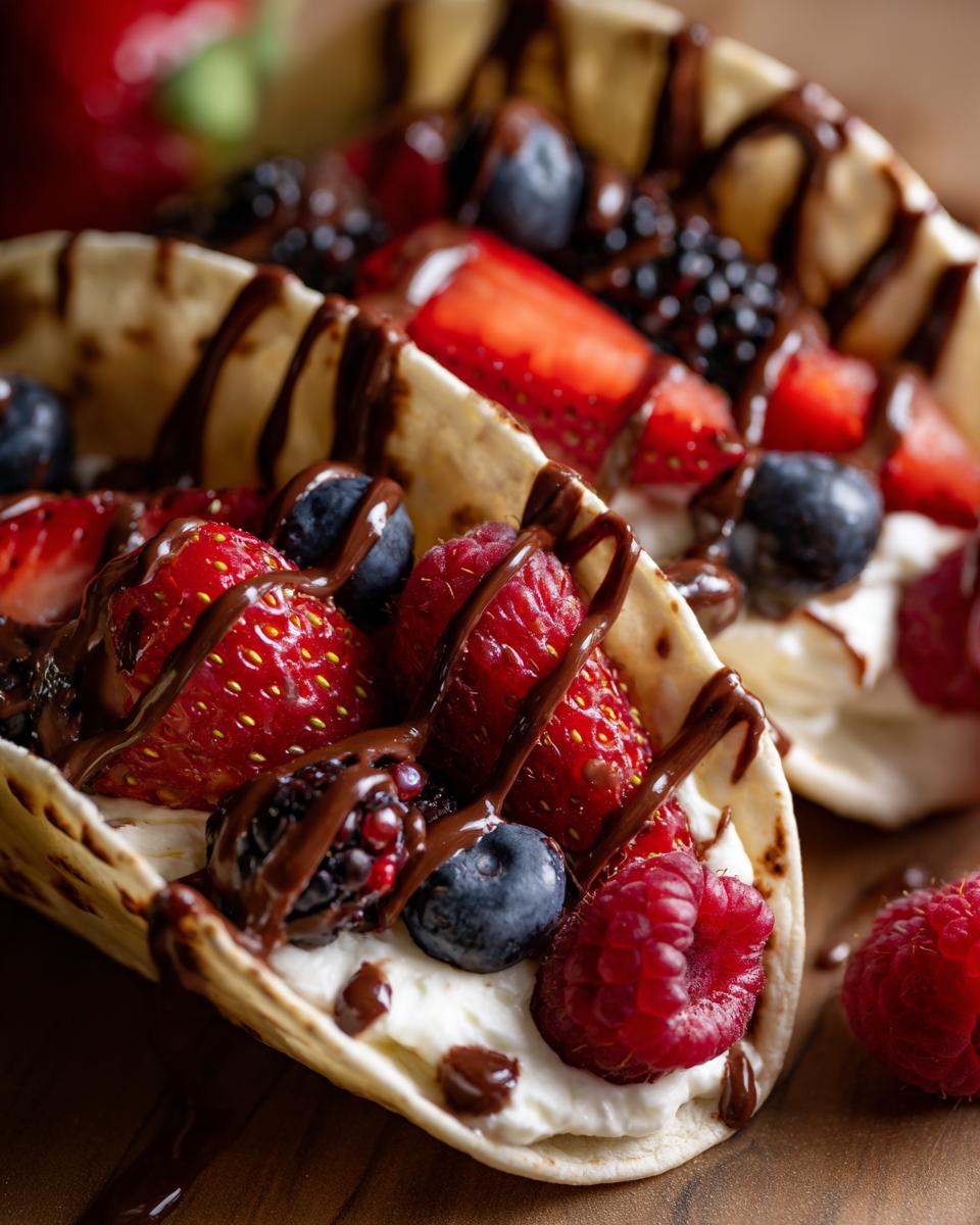 Close-up of two Delicious Cheesecake Tacos filled with cream cheese, fresh berries, and drizzled with chocolate sauce.