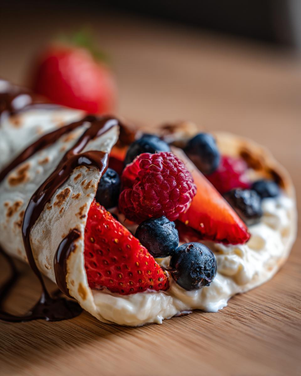Close-up of a Delicious Cheesecake Taco filled with cream cheese, strawberries, blueberries, raspberries, and drizzled with chocolate sauce.