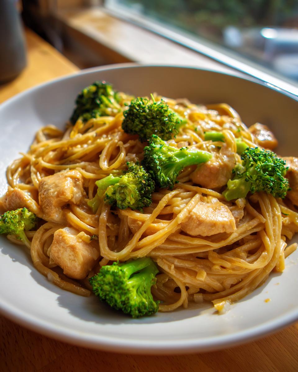 A bowl of delicious creamy chicken broccoli pasta with tender chicken pieces and vibrant broccoli florets.
