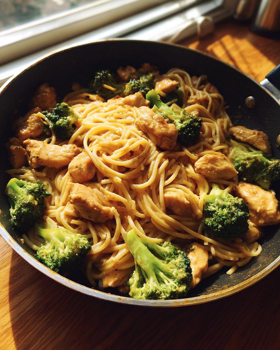A close-up of delicious creamy chicken broccoli pasta in a pan, showcasing tender chicken pieces and vibrant broccoli florets.