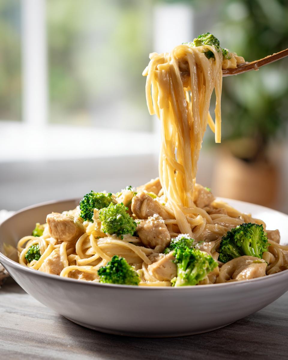 A bowl of delicious creamy chicken broccoli pasta, with a fork lifting a portion of pasta.