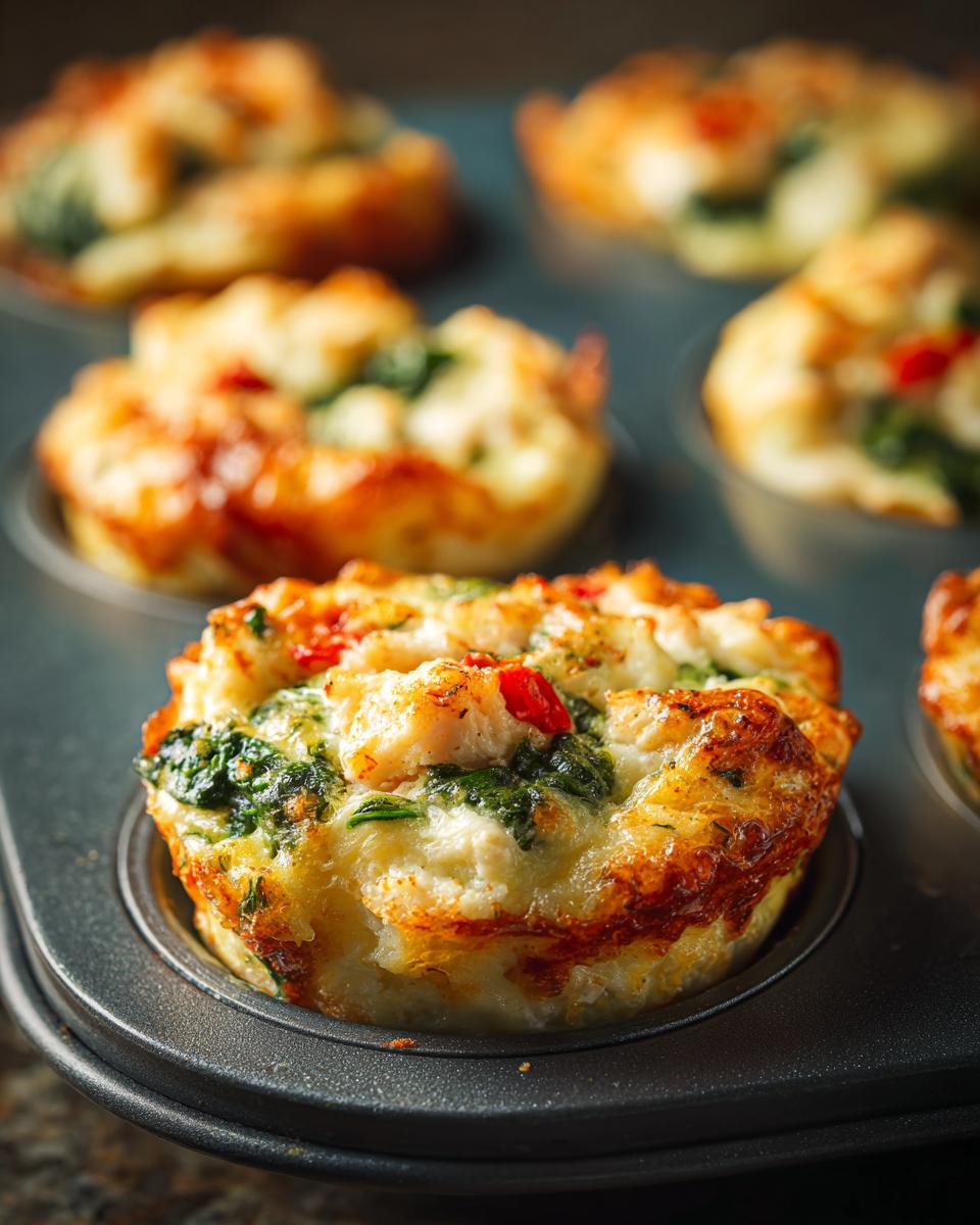 Close-up of a Delicious Egg White Bite in a muffin tin, filled with spinach and red peppers.