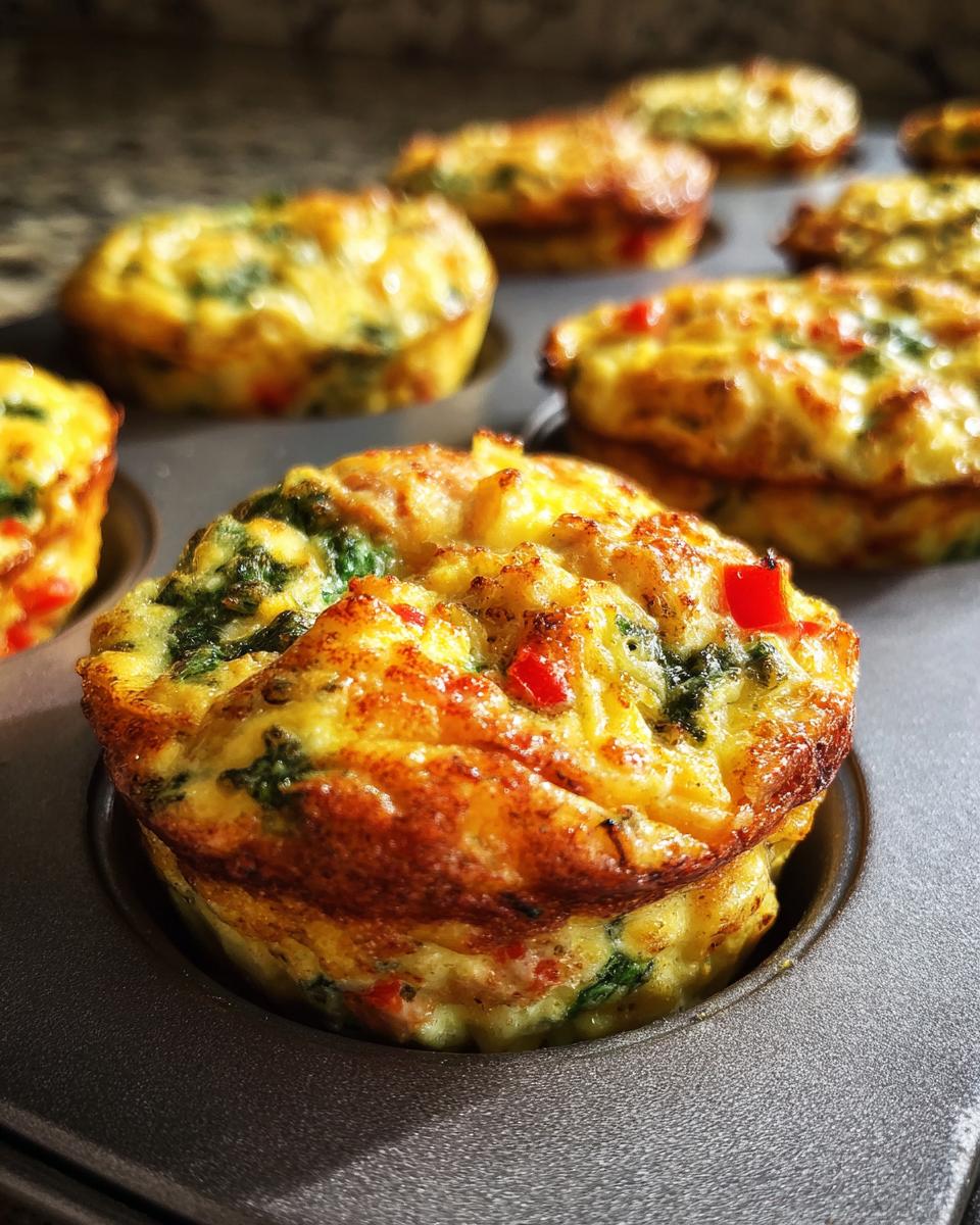 Close-up of golden brown delicious egg white bites with spinach and red peppers in a muffin tin.