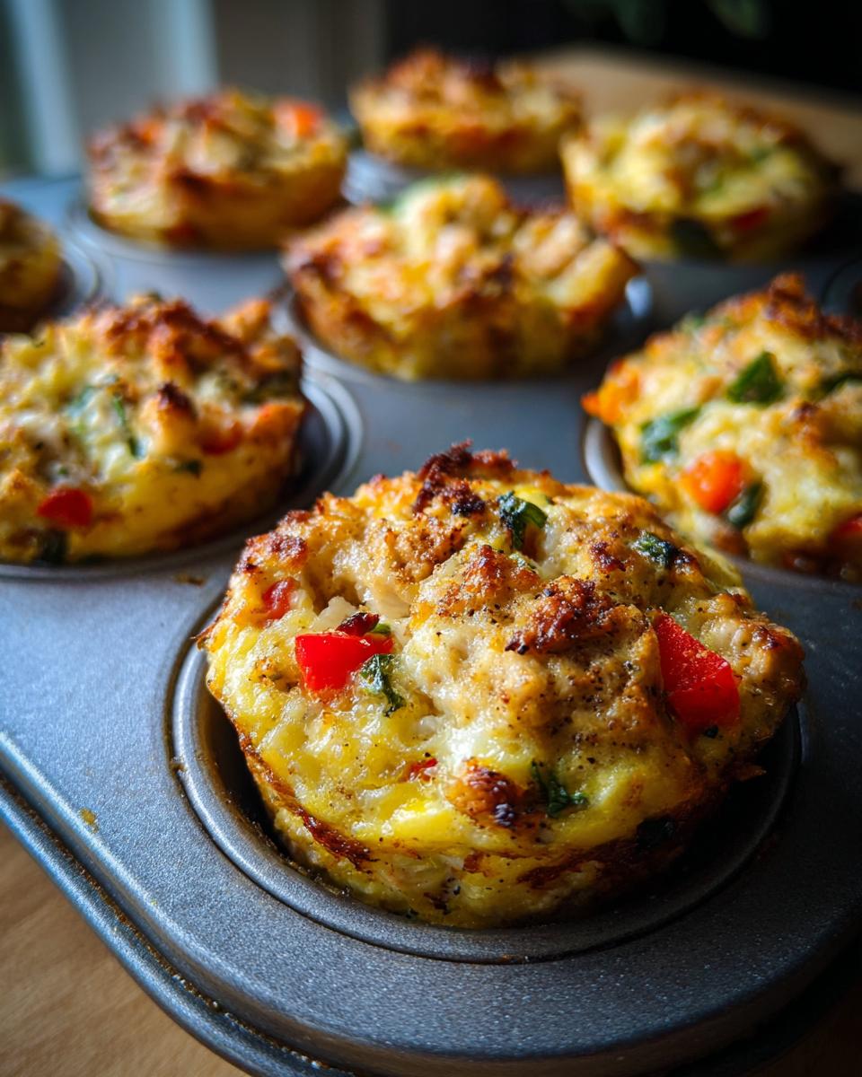Close-up of Delicious Egg White Bites in a muffin tin, showing red bell peppers and green herbs.