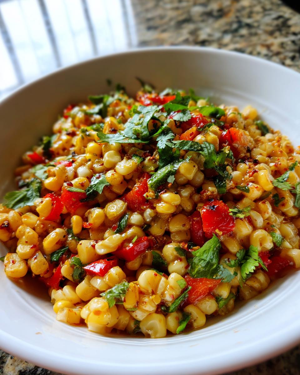 Close-up of a white bowl filled with Delicious Grilled Corn Salad, featuring corn kernels, diced red peppers, and fresh cilantro.