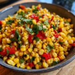 Close-up of a bowl filled with a Delicious Grilled Corn Salad, featuring corn, red bell peppers, and cilantro.