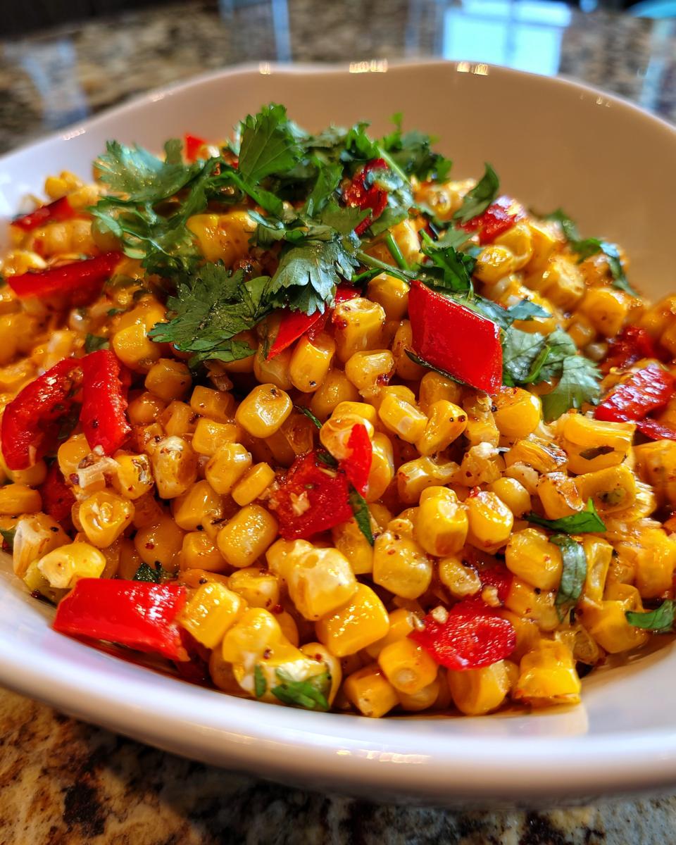 A close-up of a bowl filled with Delicious Grilled Corn Salad, featuring corn kernels, chopped red bell peppers, and fresh cilantro.