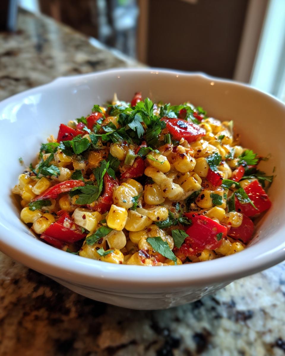 A bowl of Delicious Grilled Corn Salad with chopped red peppers and fresh parsley.