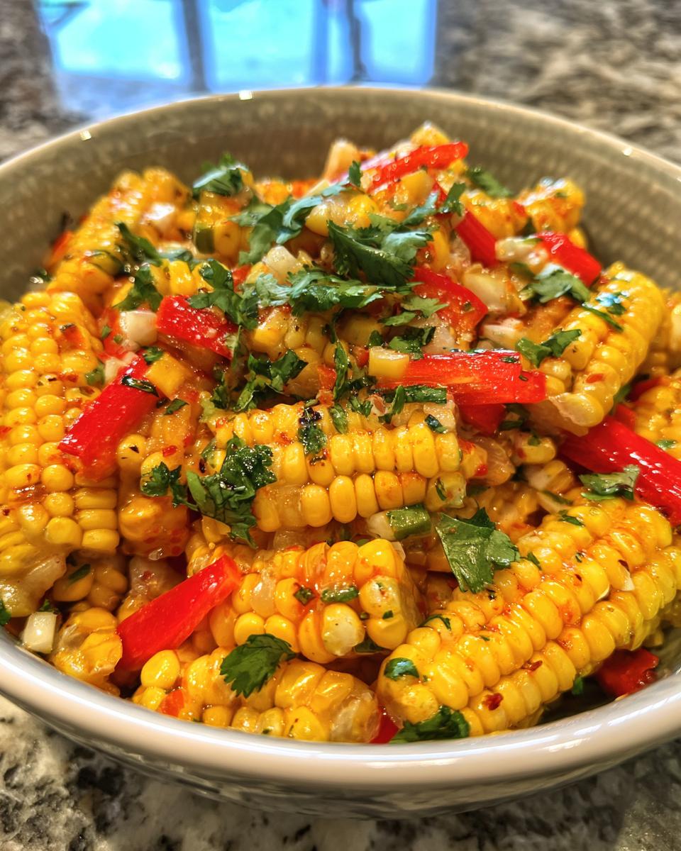 Close-up of a bowl filled with delicious grilled corn salad, featuring corn on the cob pieces, red bell peppers, and fresh cilantro.