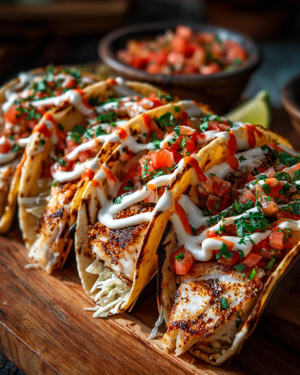 Close-up of Delicious Grilled Fish Tacos With Spicy Mayo and Pico de Gallo on a wooden board.