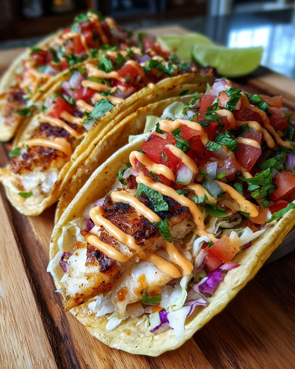 Close-up of Delicious Grilled Fish Tacos With Spicy Mayo and Pico De Gallo, served on a wooden board with lime wedges.