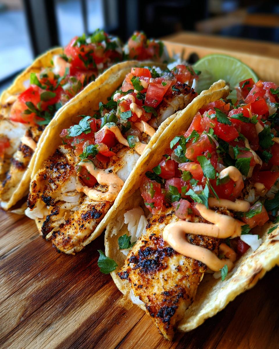Three Delicious Grilled Fish Tacos With Spicy Mayo and Pico De Gallo on a wooden board, garnished with lime.