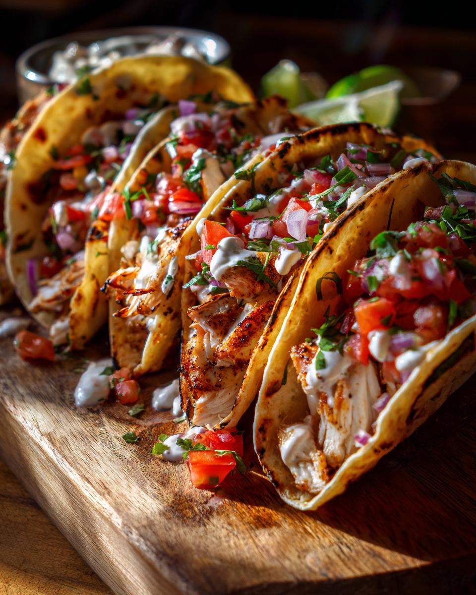 Close-up of Delicious Grilled Fish Tacos With Spicy Mayo Pico De Gallo served on a wooden board with lime wedges.