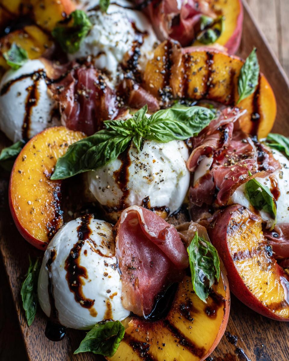 Close-up of a Delicious Grilled Nectarine Burrata Prosciutto Salad with balsamic glaze and fresh basil.