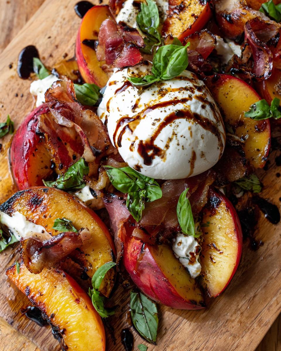 A Delicious Grilled Nectarine Burrata Prosciutto Salad with fresh basil and balsamic glaze on a wooden board.