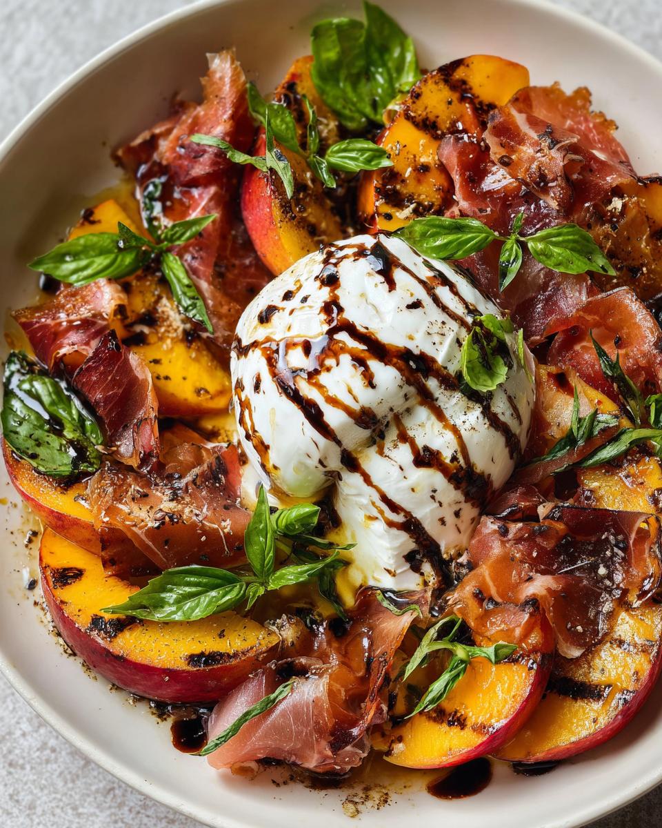 A close-up of a Delicious Grilled Nectarine Burrata Prosciutto Salad, featuring grilled nectarine slices, creamy burrata cheese, and prosciutto, drizzled with balsamic glaze.