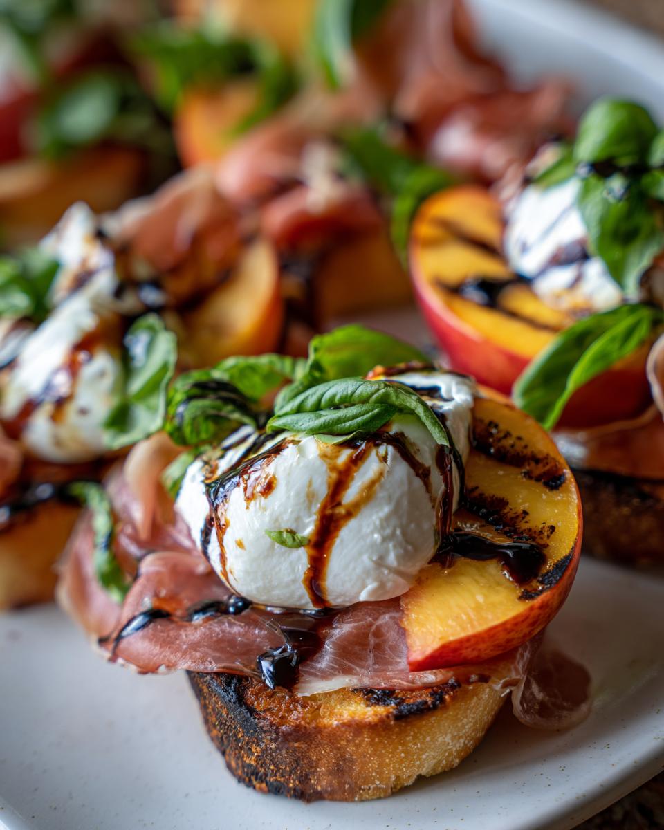 Close-up of a Delicious Grilled Nectarine Burrata Prosciutto Salad bite, featuring grilled nectarine, creamy burrata, prosciutto, and basil on toasted bread, drizzled with balsamic glaze.