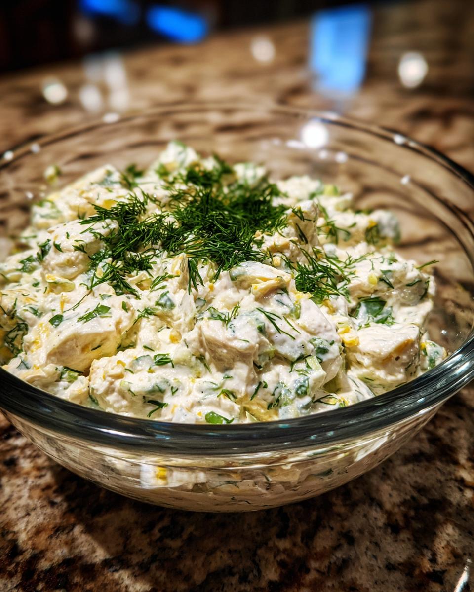 A bowl of Delicious Healthy Ranch Chicken Salad topped with fresh dill.