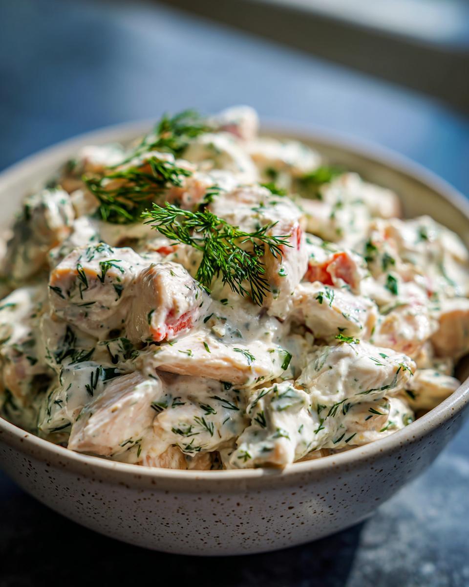 A close-up shot of a bowl filled with Delicious Healthy Ranch Chicken Salad, garnished with fresh dill.