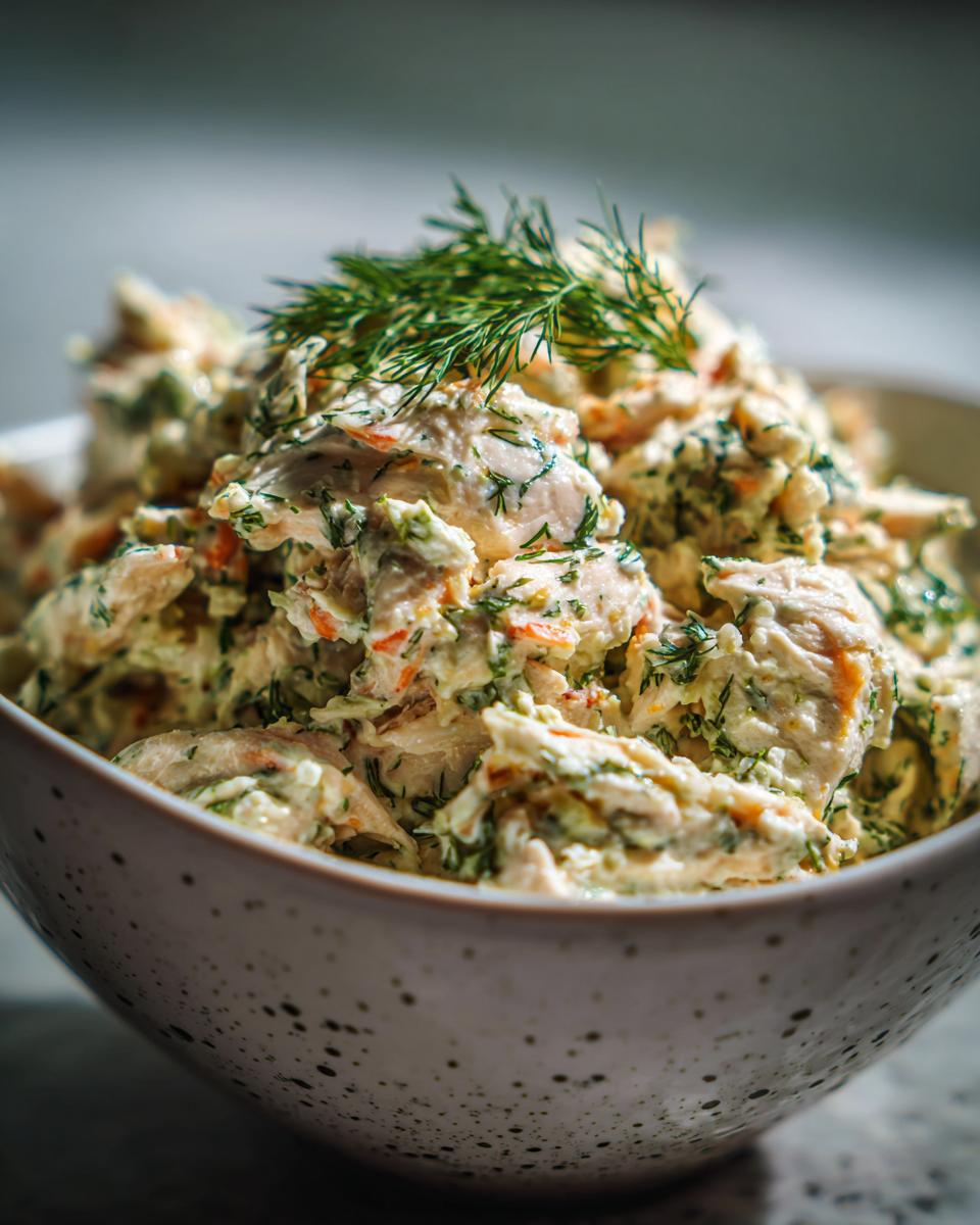 A bowl of Delicious Healthy Ranch Chicken Salad with fresh dill and shredded carrots.
