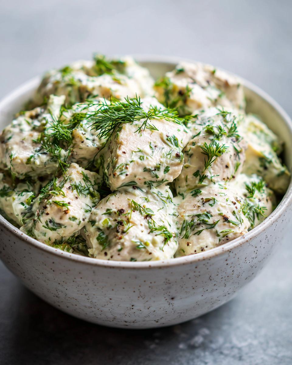 A bowl of delicious healthy ranch chicken salad, generously coated in creamy dressing and fresh dill.