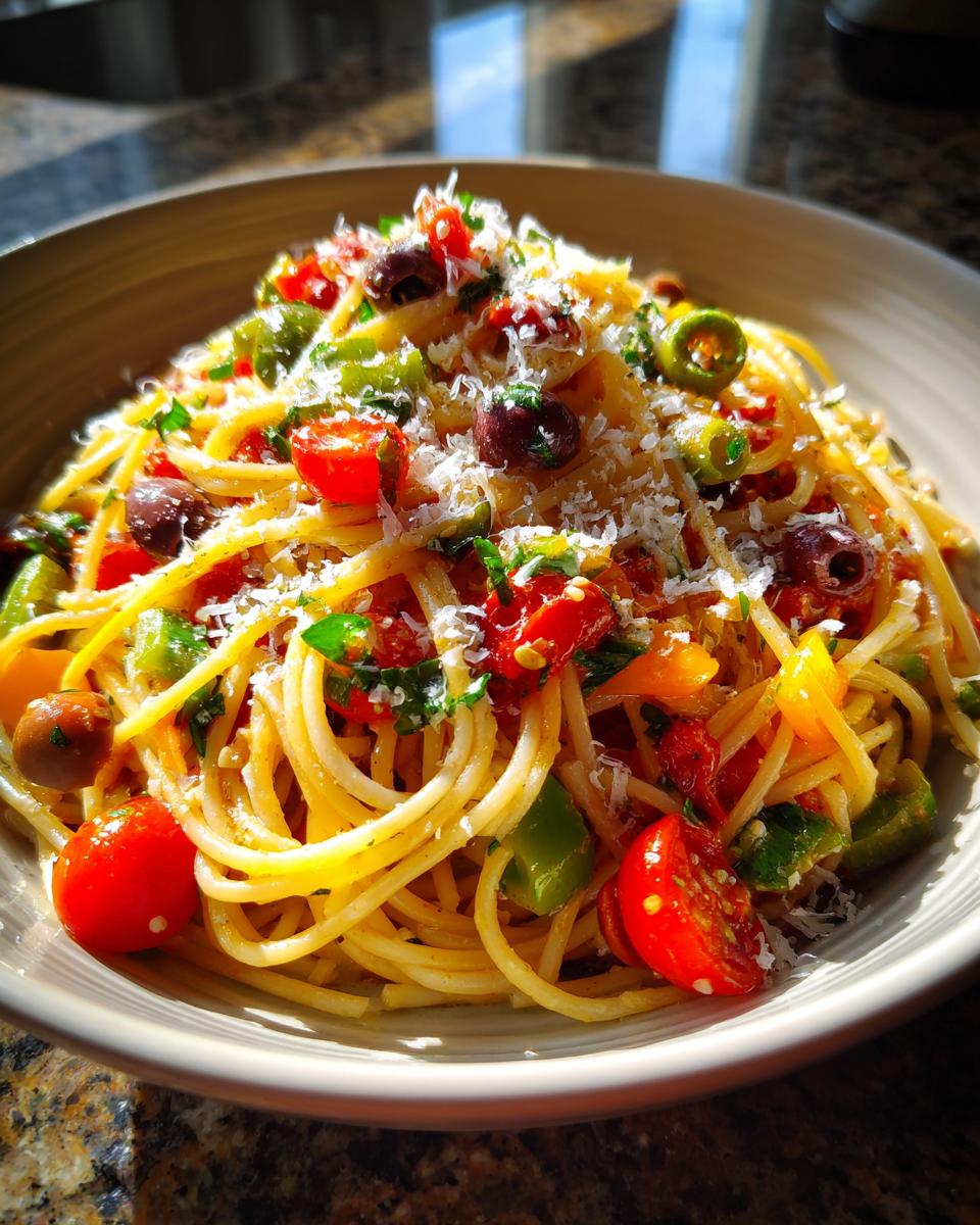 A vibrant bowl of Irresistible Delicious Italian Spaghetti Salad, featuring spaghetti, cherry tomatoes, olives, and bell peppers, topped with grated cheese.