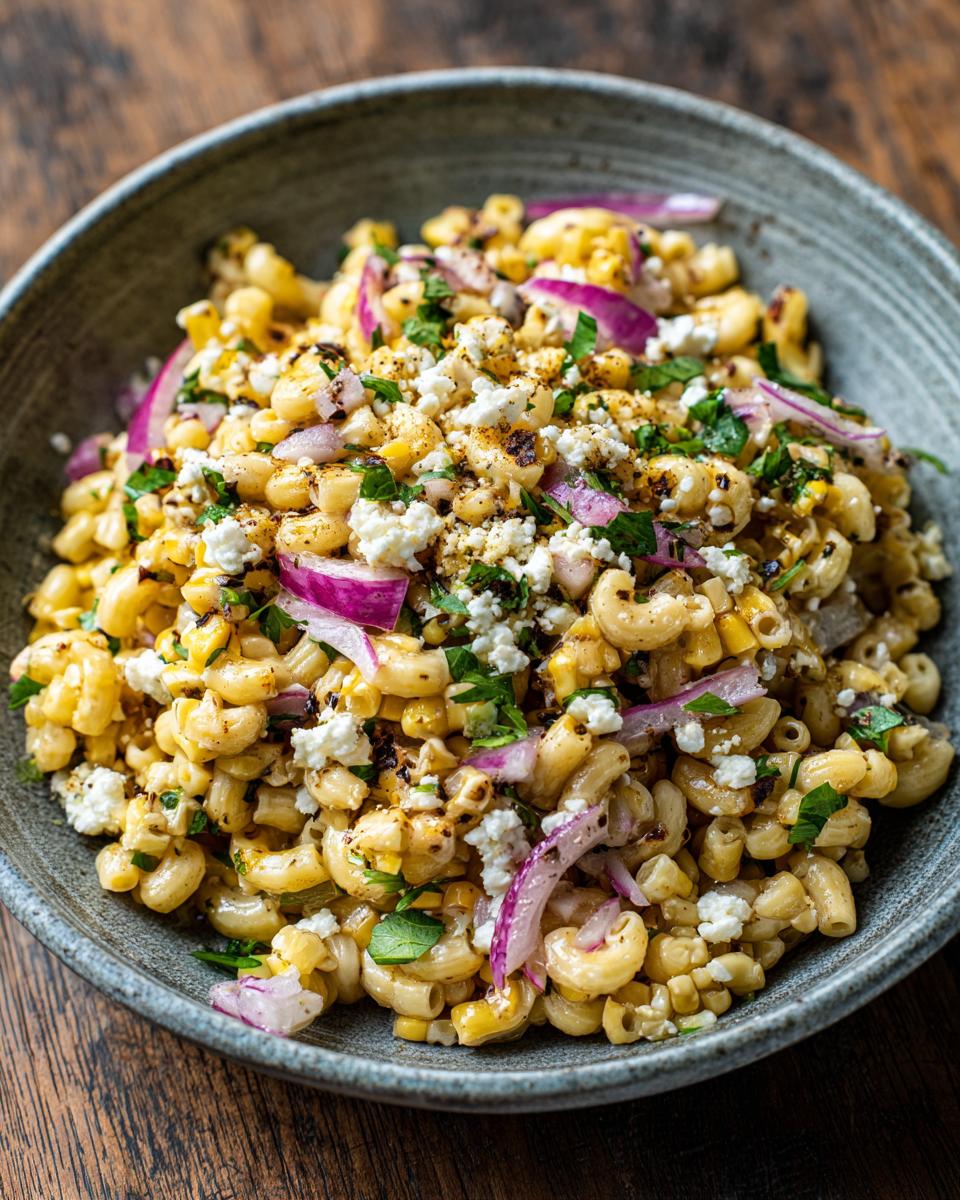 A close-up of a bowl filled with Delicious Mexican Street Corn Pasta Salad, featuring elbow macaroni, corn, red onion, and crumbled cheese.