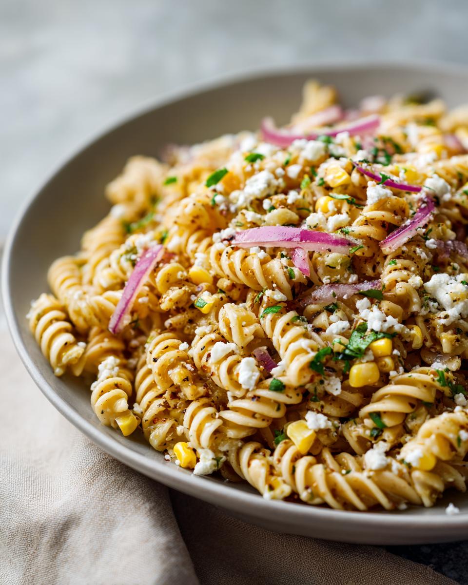 A close-up of a bowl of Delicious Mexican Street Corn Pasta Salad, featuring rotini pasta, corn, crumbled cheese, and red onion.