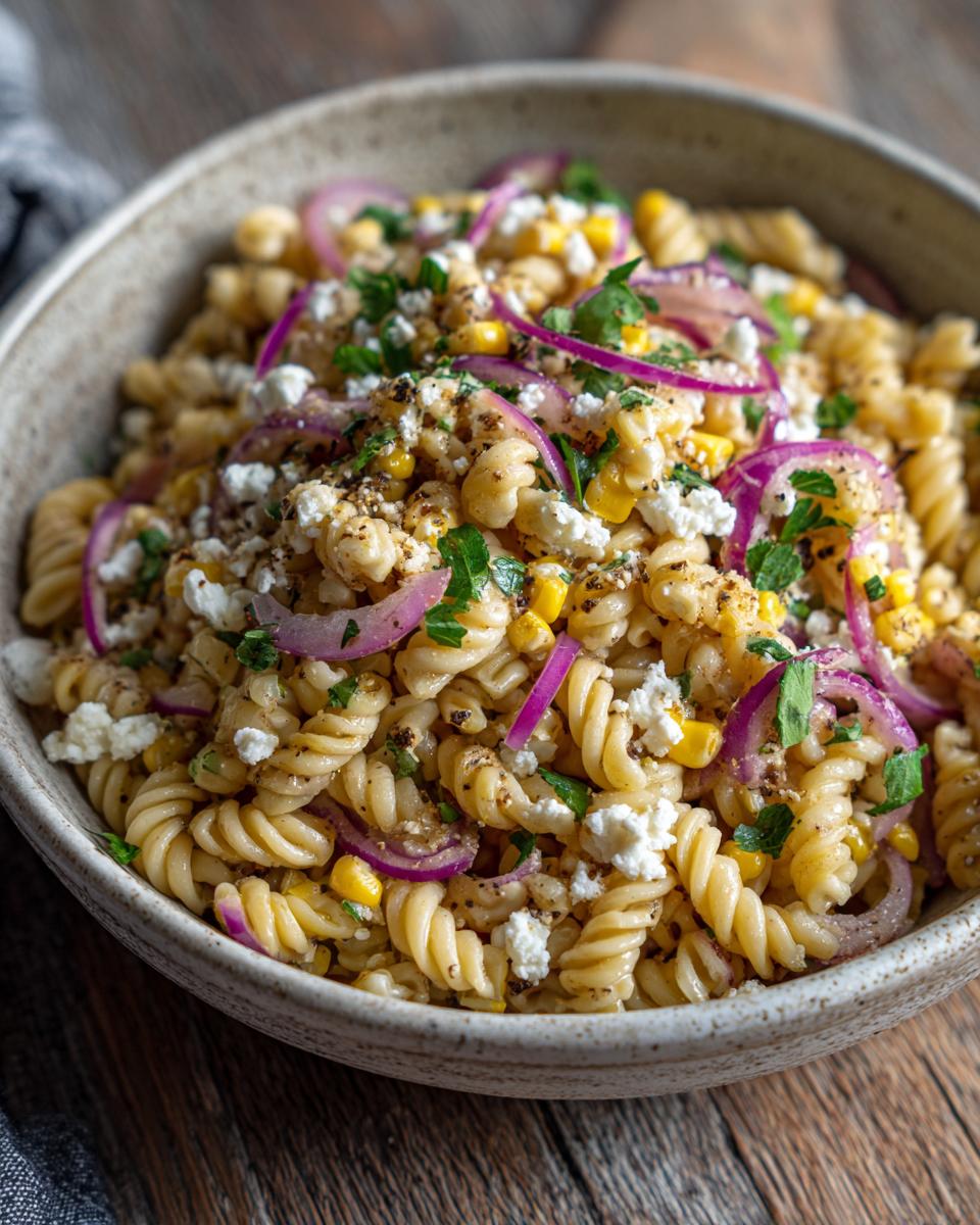 A close-up of a bowl filled with Delicious Mexican Street Corn Pasta Salad, featuring fusilli pasta, corn, red onion, and crumbled cheese.